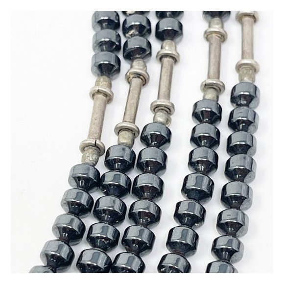 Antiqued Silver Tone Egyptian Revival Multi Strand Beaded Layered Necklace - Picture 6 of 8